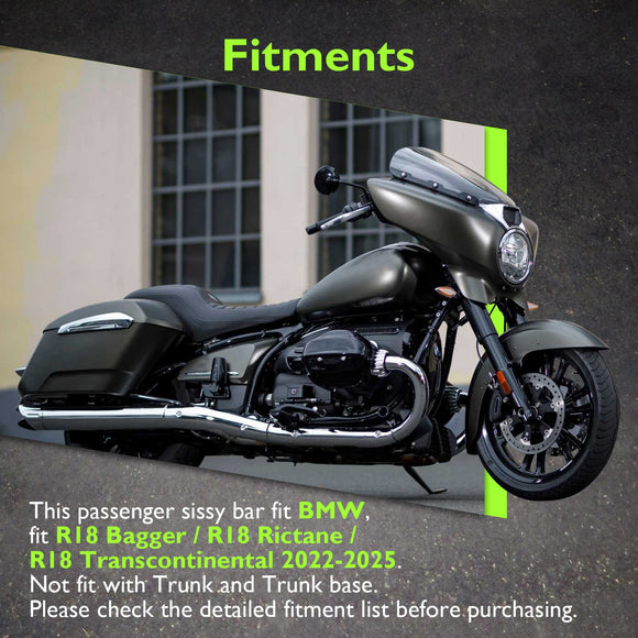 2022 - 2025 BMW R18 Bagger/R18 Rictane/R18 Transcontinental Gloss Black 30" Height Sharp Angle Passenger Backrest Sissy Bar with Luggage Rack - Mofun - 90302188