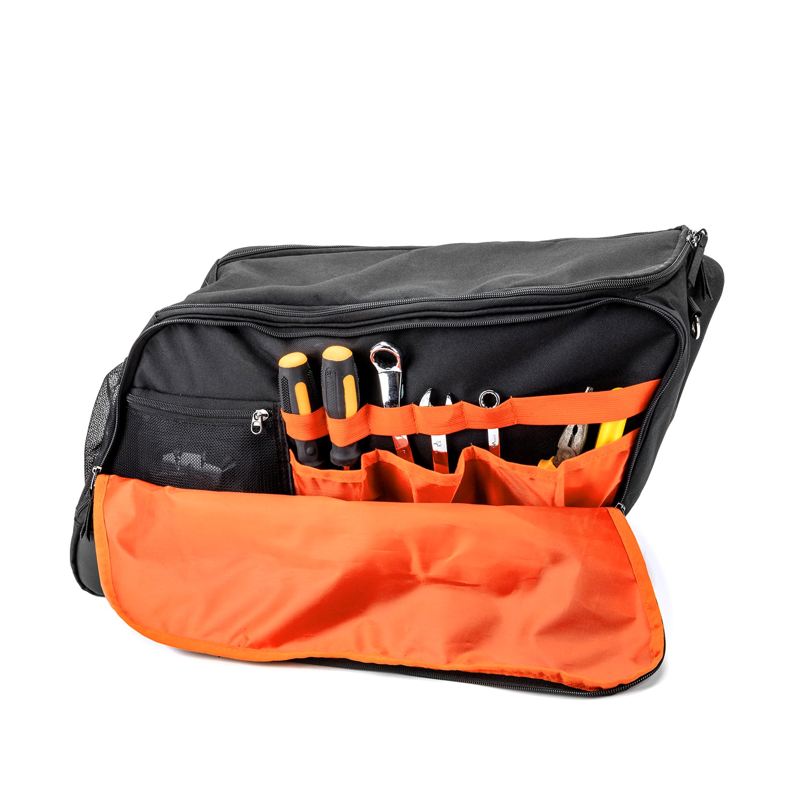 Black Oxford + Leather Orange Flame Saddlebag Liners Bag w/ Tool Pockets for 1993-2024 Harley Touring Hard Saddlebag