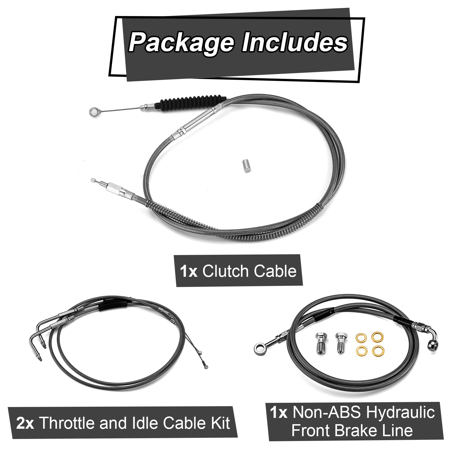 Non-ABS Hydraulic Front Brake Line, Clutch cable, Throttle and Idle Cable Kit for 1993-2005 Harley Dyna Wide Glide on 12"-14" Handlebar (Non-ABS)