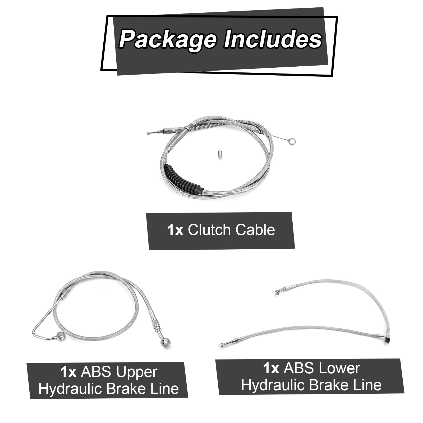 Extended Length ABS Upper and Lower Hydraulic Front Brake Line, Clutch Cable Kit for 2015-2017 Harley Softail w/ABS Models (for 12"-14" Handlebar)