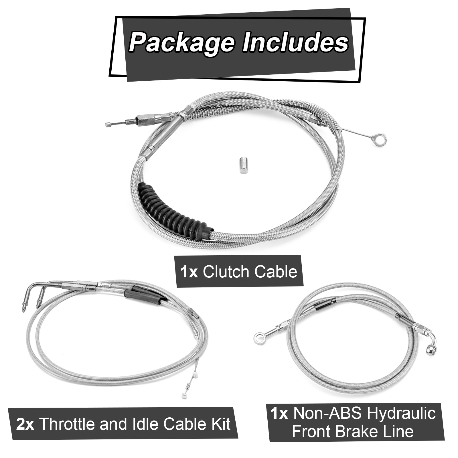 Chrome Non - ABS Hydraulic Front Brake Line, Clutch Cable, Throttle and Idle Cable Kit for 2001 - 2006 Harley Softail Classic/Night Train on 16