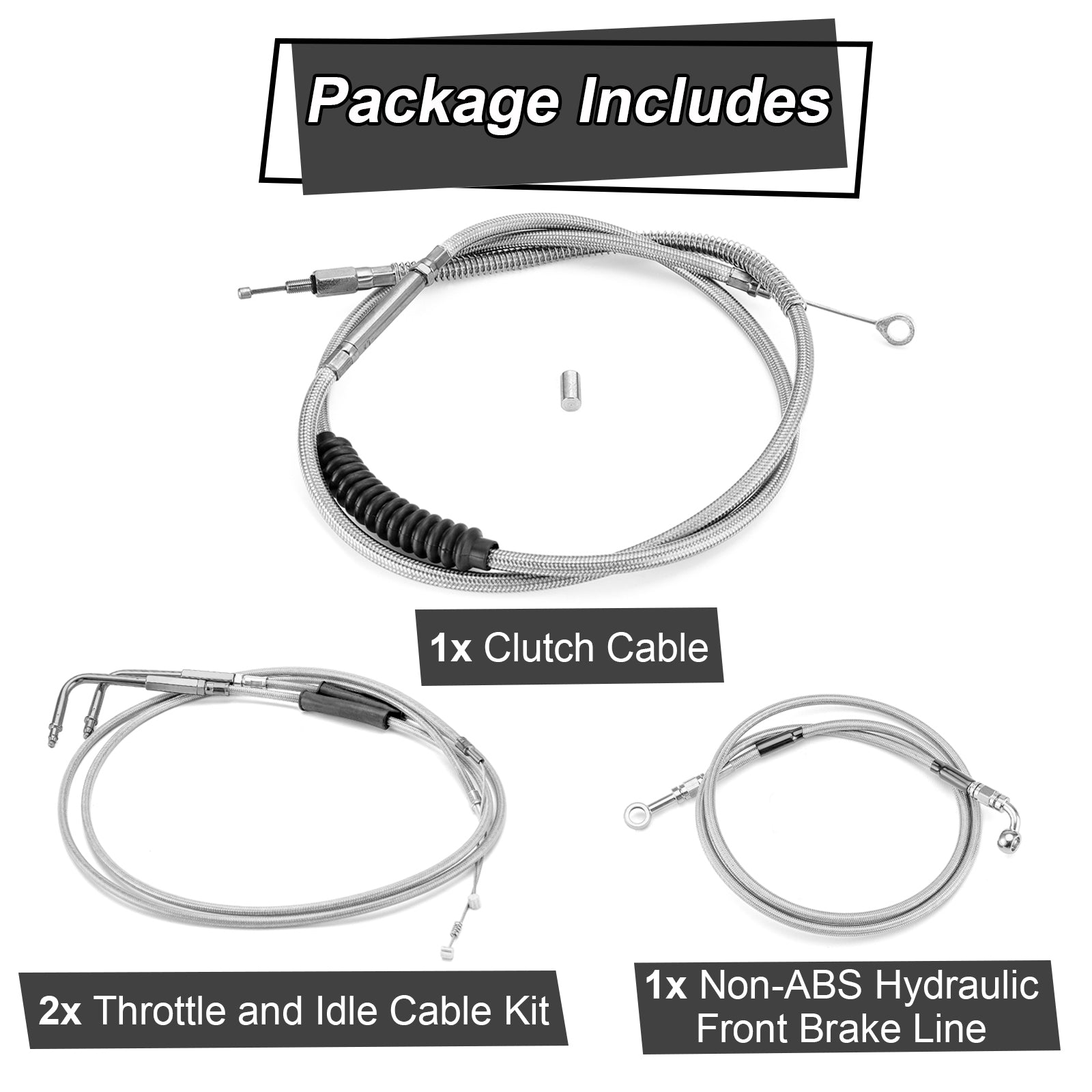 Non-ABS Hydraulic Front Brake Line, Clutch Cable, Throttle and Idle Cable Kit for Harley Softail Deluxe/Fat Boy/Rocker on 16"-18" Handlebar