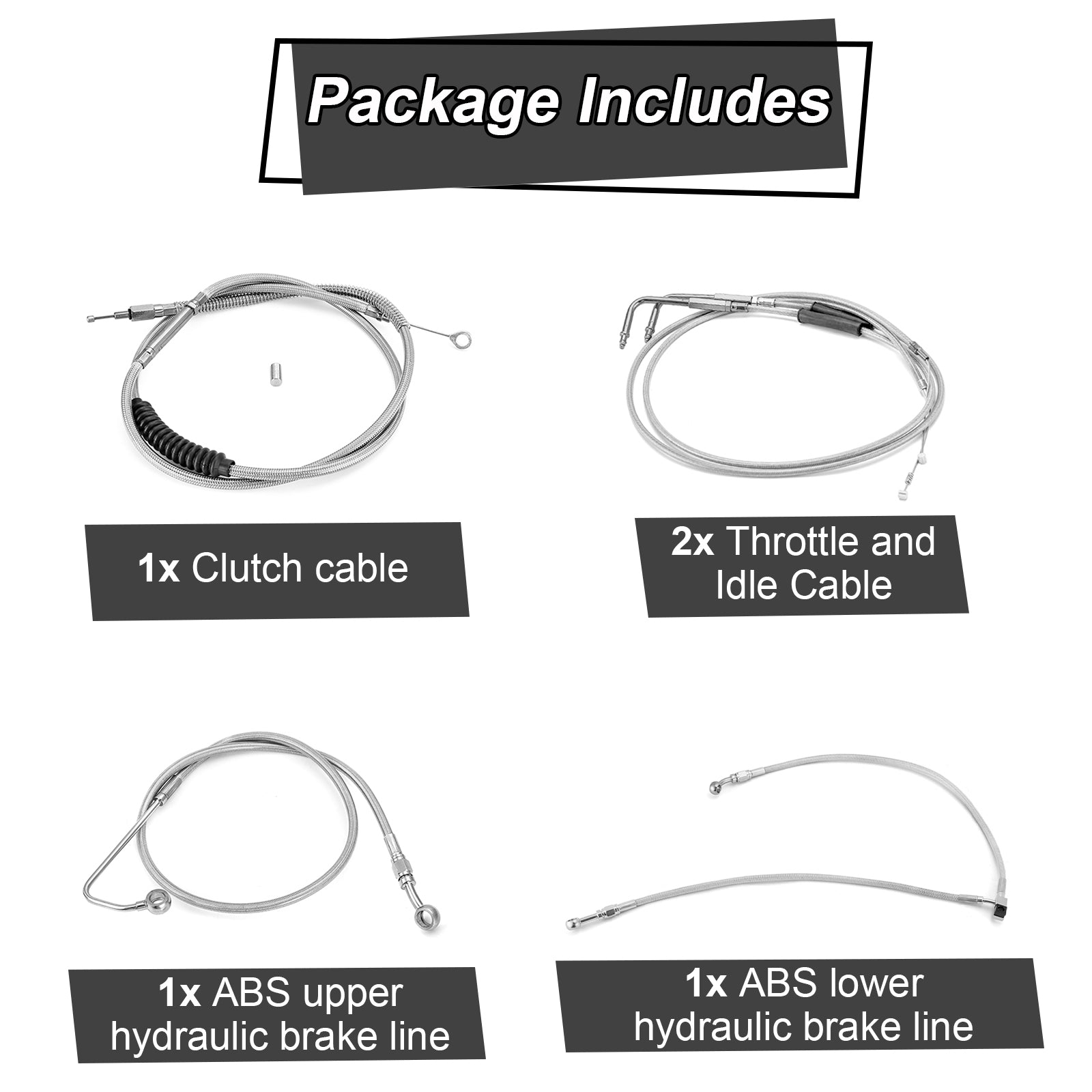 Extended Length Throttle and Idle Cable Kit, Extended Length ABS Upper and Lower Hydraulic Front Brake Line, Clutch Cable Kit for 2011-2014 Haley Softail w/ABS (for 12"-14" Handlebar)