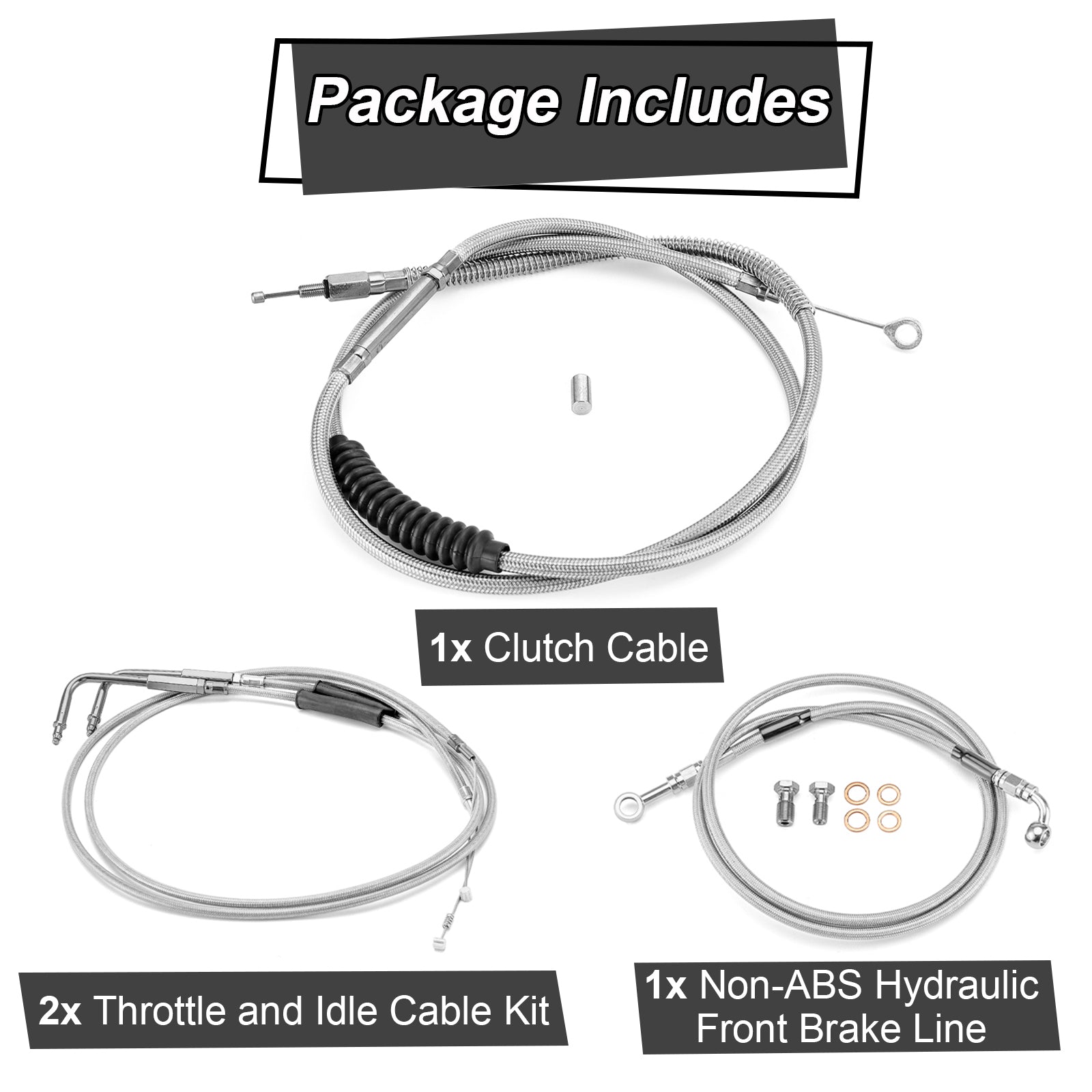 Chrome Non-ABS Hydraulic Front Brake Line, Clutch cable, Throttle and Idle Cable Kit for Harley Dyna Low Rider/Street Bob/Super Glide on 12"-14" Handlebar (Non-ABS)