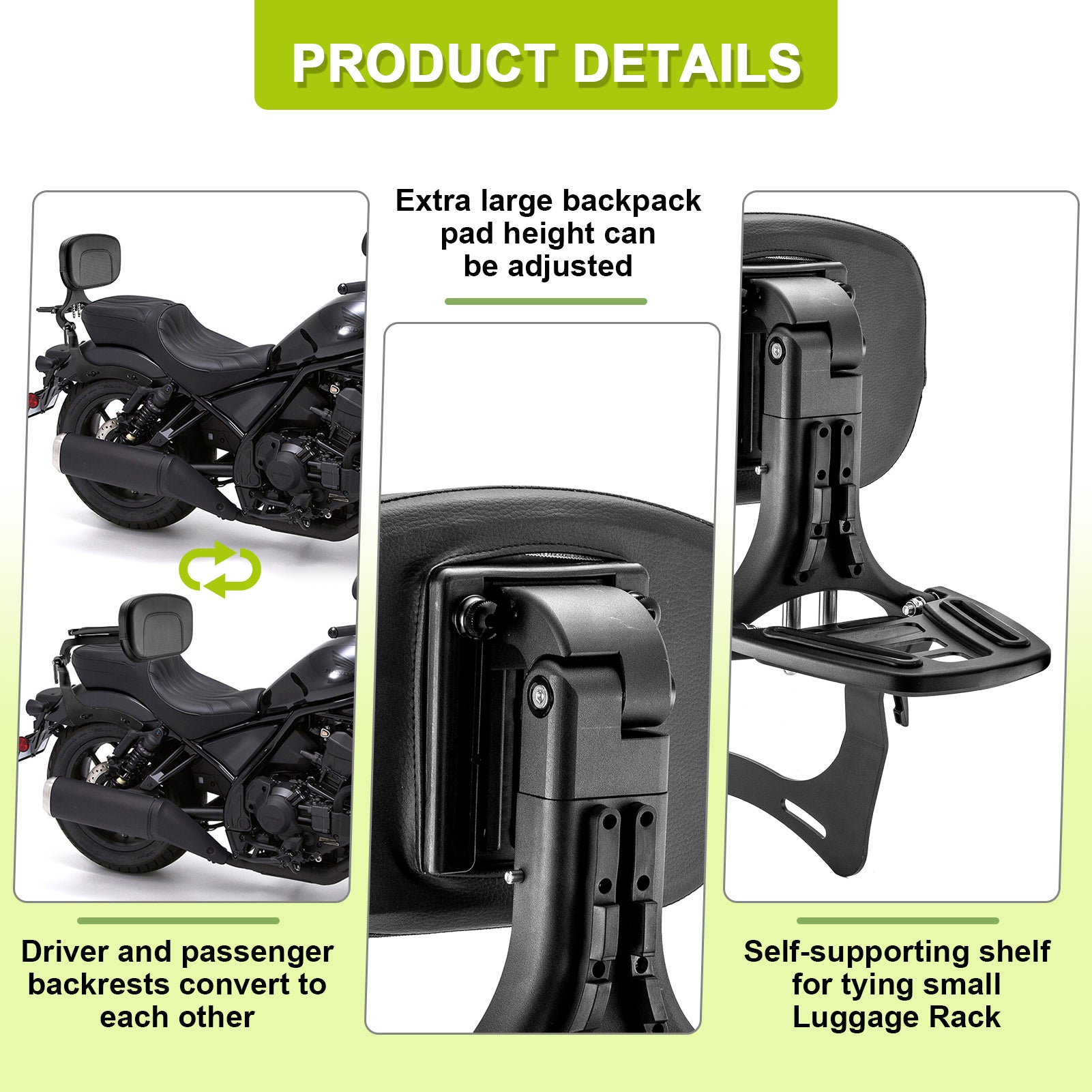 2021-2024 Honda Rebel 1100 CMX 1100 Matte Black Multi-Function Foldable Passenger Driver Backrest