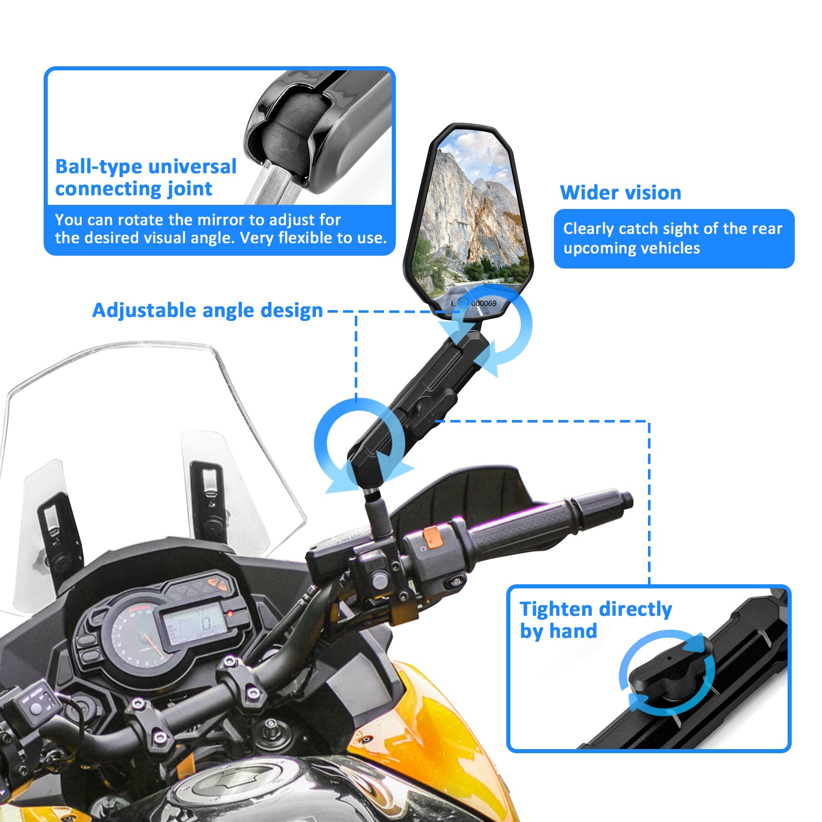 Honda Yamaha Kawasaki Suzuki Motorcycles Adventure Mirrors Rearview Side Mirror for 8mm/10mm Mounting Holes