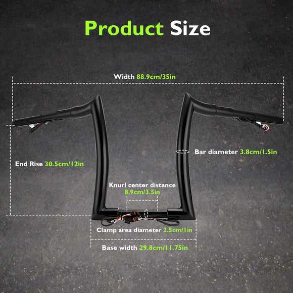 Gloss Black 12" Rise Pre - Wired Plug & Play Horn Style Ape Bar Handlebar for 2011 - 2024 Harley Softails & 2015 - Later Harley Touring Road King - Mofun - 90101652