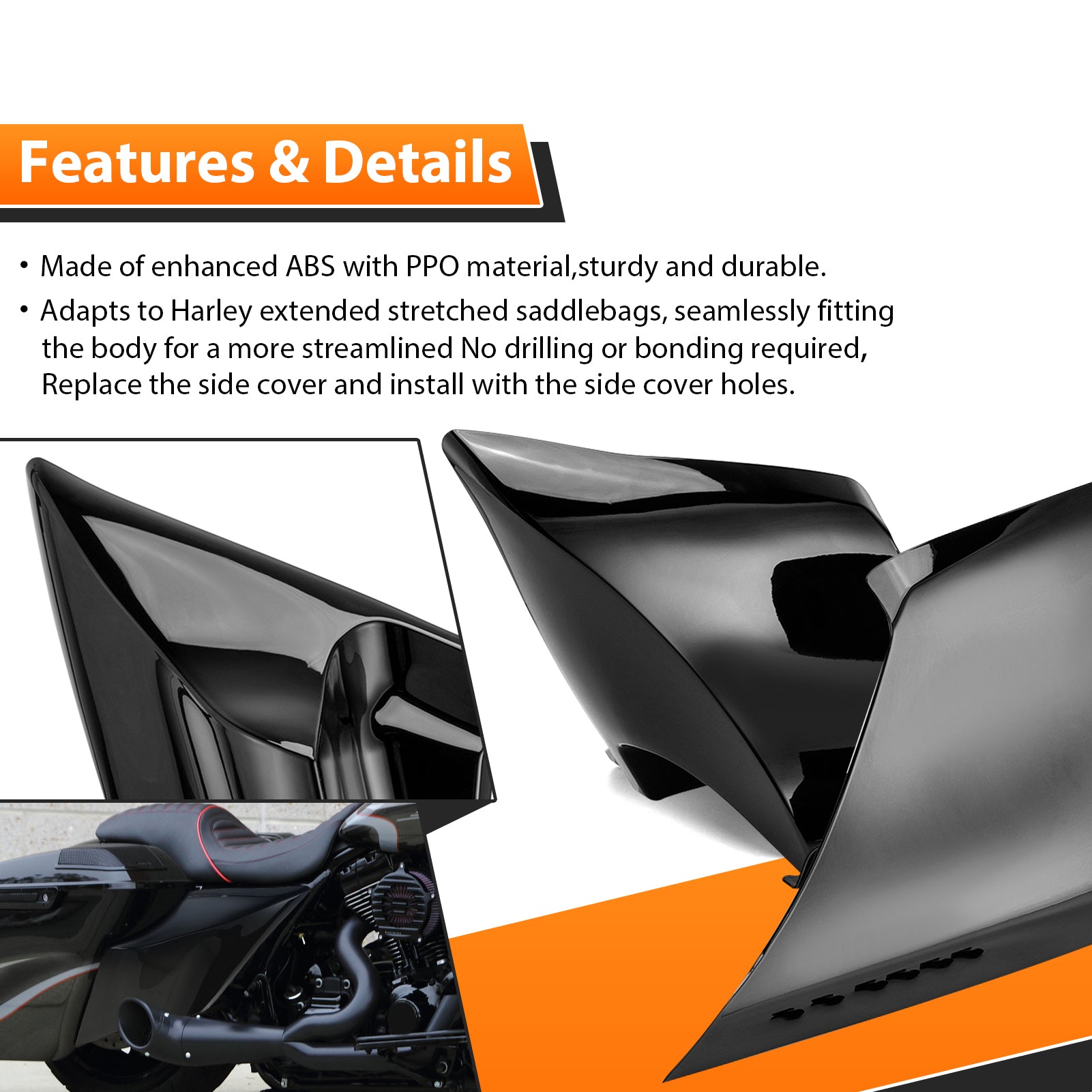 2009-2023 Harley Davidson Electra Glide Road King Black ABS Plastic Stretched Extended Side Panel Cover