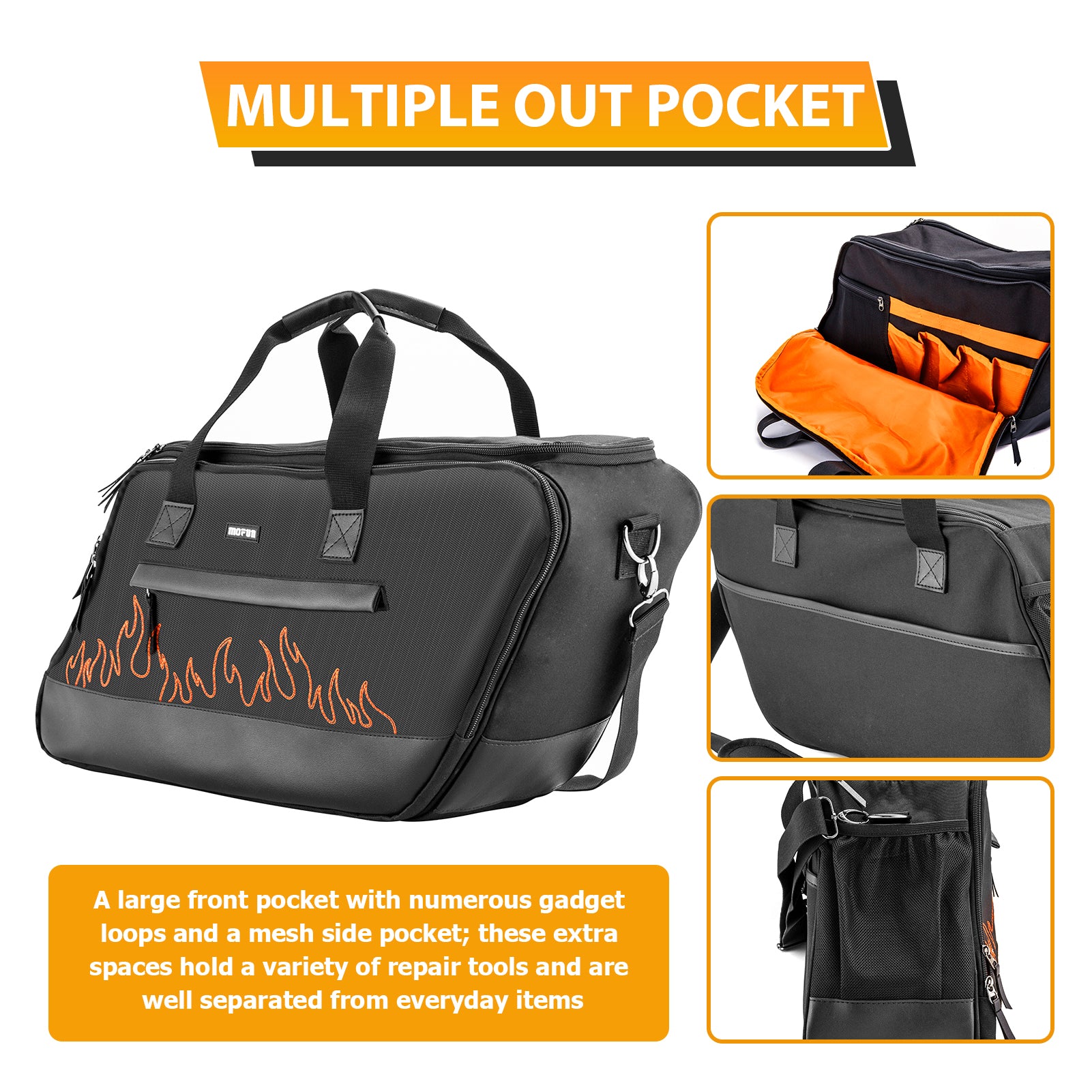 Black Oxford + Leather Orange Flame Saddlebag Liners Bag w/ Tool Pockets for 1993-2024 Harley Touring Hard Saddlebag