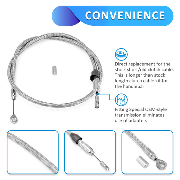 52" Extended Length Quick Connect Braided Stainless Steel Upper Clutch Cable for 2021 - 2023 Harley Touring Models - Mofun - 90112104
