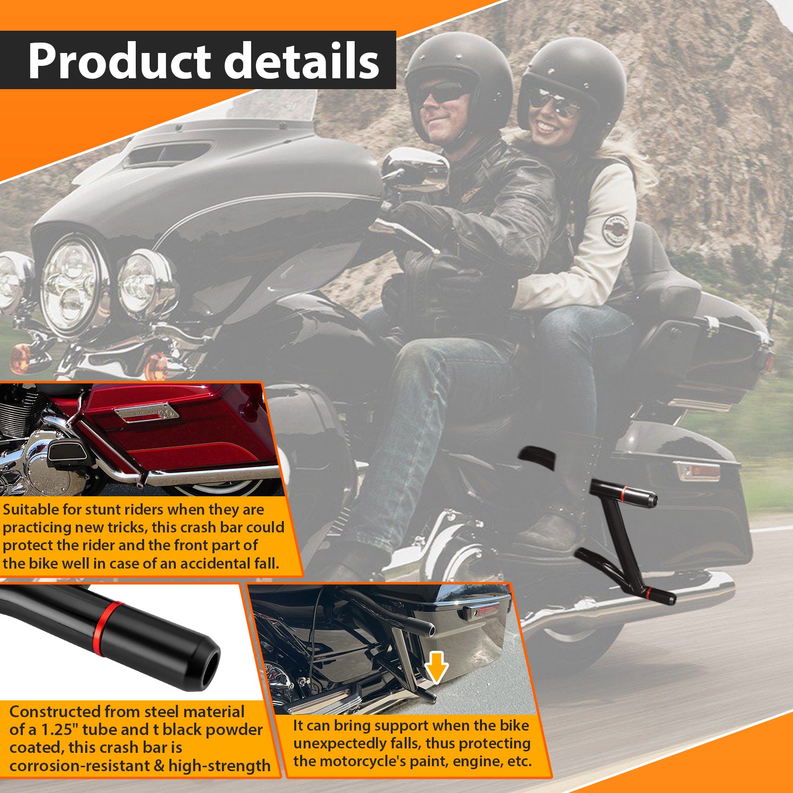 Gloss Black Rear SaddleBag Guards Crash Bar for 1997-2008 Harley Road King/Road Glide/Electra Glide