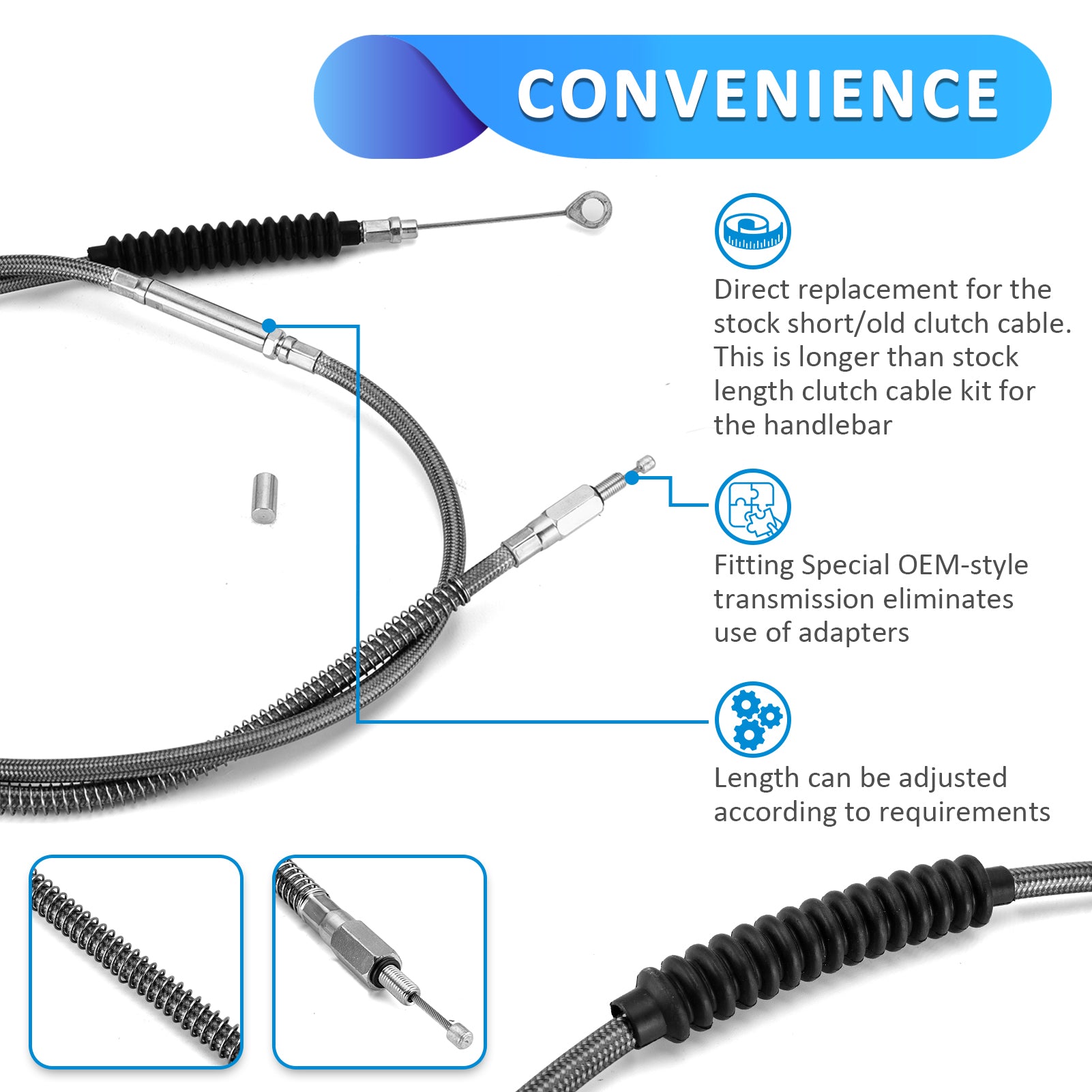 66 11/16" Extended Length Black Stainless Steel Clutch Cable fit 2006-2017 Harley Dyna Softail for 10" Handlebar