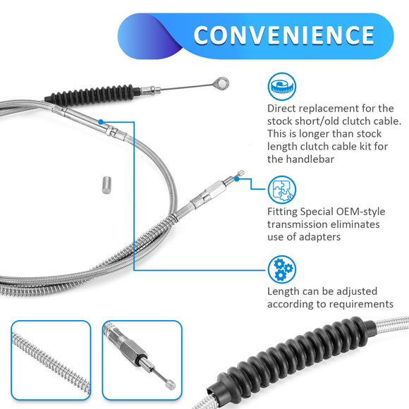 66 11/16" Extended Length Chrome Stainless Steel Clutch Cable fit 2006 - 2017 Harley Dyna Softail for 10" Handlebar - Mofun - 90112082