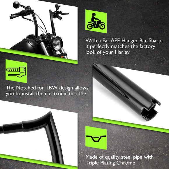 Gloss Black 12" Rise Pre - Wired Plug & Play Horn Style Ape Bar Handlebar for 2011 - 2024 Harley Softails & 2015 - Later Harley Touring Road King - Mofun - 90101652