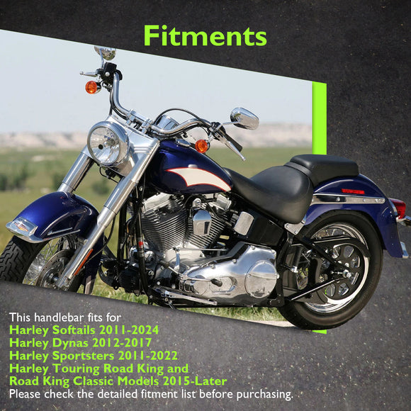 Gloss Black 12" Rise Pre - Wired Plug & Play Horn Style Ape Bar Handlebar for 2011 - 2024 Harley Softails & 2015 - Later Harley Touring Road King - Mofun - 90101652