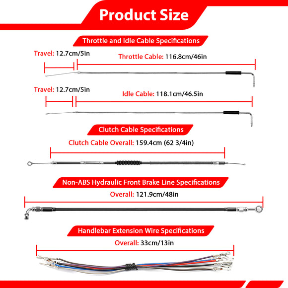 For Harley Sportster XL883L/XL883N/XL1200 Non-ABS Models Extended Length Throttle and Idle Cable, Non-ABS Hydraulic Front Brake Line and Clutch Cable Kit (for 16"-18" Handlebar (Non-ABS))