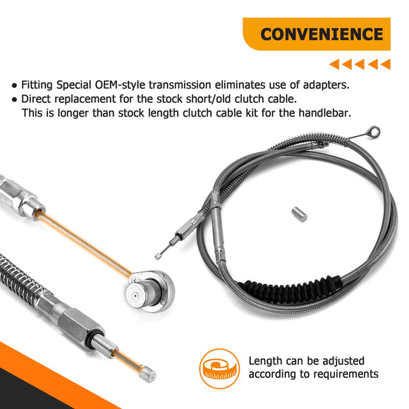 72 11/16" Extended Length Black Stainless Steel Clutch Cable for 1987 - 2006 Harley Big Twin & Softail - Mofun - 90112046