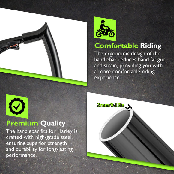 For 2024-2026 Harley Touring Road Glide 10" Gloss Black Zero Wire Pulling Pre-Wired Meathook Ape‑Hanger Handlebar