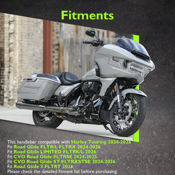 For 2024-2026 Harley Touring Road Glide 10" Gloss Black Zero Wire Pulling Pre-Wired Meathook Ape‑Hanger Handlebar