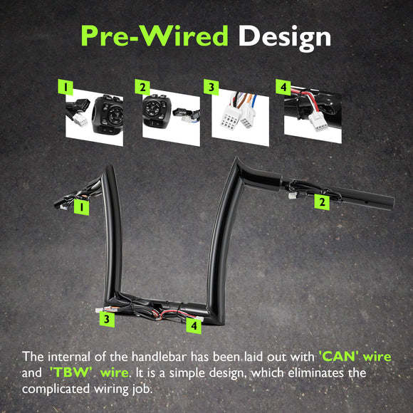 For 2024-2026 Harley Touring Road Glide 10" Gloss Black Zero Wire Pulling Pre-Wired Meathook Ape‑Hanger Handlebar