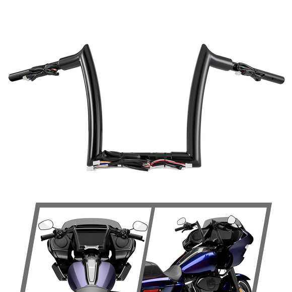 For 2024-2026 Harley Touring Road Glide 10" Gloss Black Zero Wire Pulling Pre-Wired Meathook Ape‑Hanger Handlebar