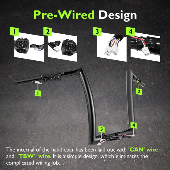 For 2024-2026 Harley Touring Road Glide 12" Gloss Black Zero Wire Pulling Ape Bar-Sharp Pre-Wired Handlebar