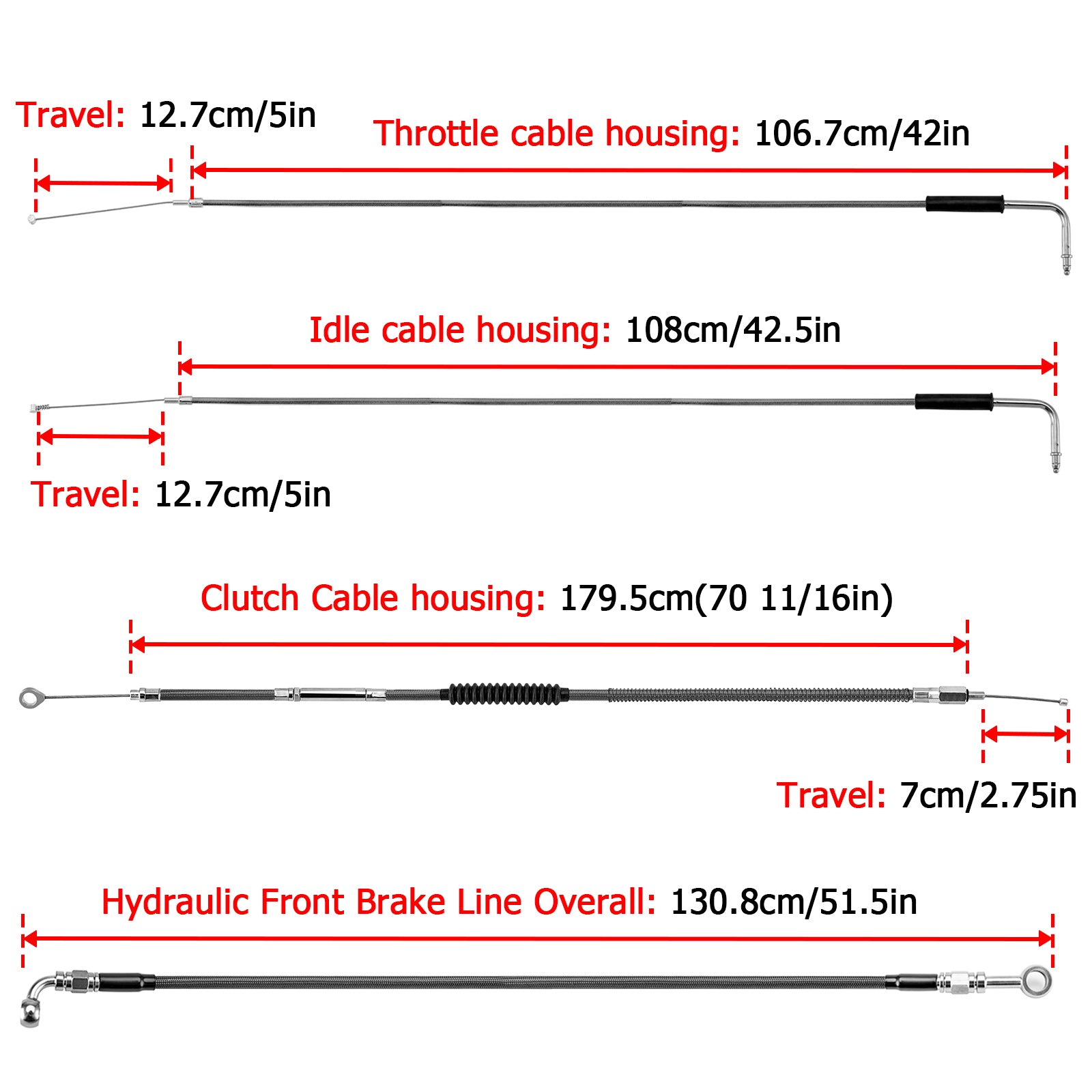 Black Non-ABS Hydraulic Front Brake Line, Clutch Cable, Throttle and Idle Cable Kit for 2001-2006 Harley Softail Classic/Night Train on 12"-14" Handlebar