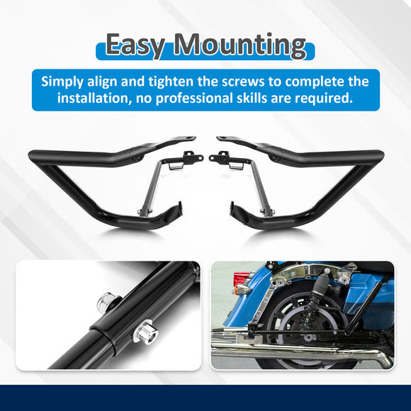 For 2009-2026 Harley Touring Models Steel 1.25" Sharp SaddleBag Guards with Mount Bracket Support Flat
