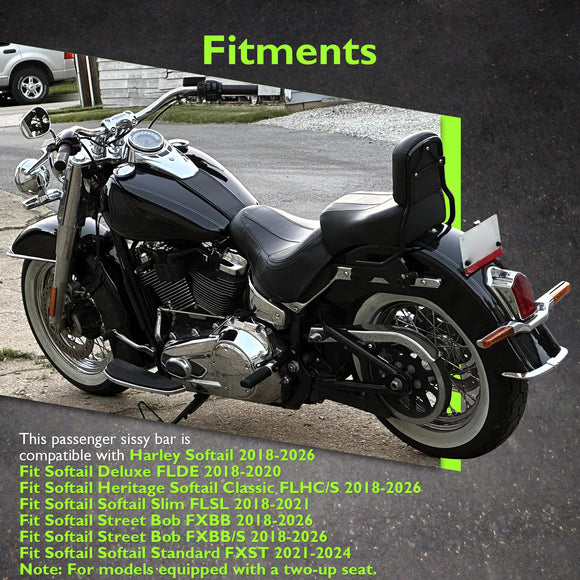 For 2018-2025 Harley Softail Street Bob / Softail Classic Gloss Black Quick Release Sharp Angle 24" Passenger Backrest Sissy Bar