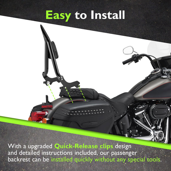 For 2018-2025 Harley Softail Street Bob / Softail Classic Gloss Black Quick Release Sharp Angle 24" Passenger Backrest Sissy Bar
