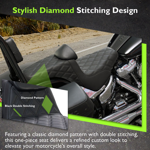 For 2018-2026 Harley Softail Street Bob/ Softail Heritage Classic Black Double Stitching One-Piece 2-Up Seat Driver Passenger Seat with Driver Backrest Cushion Pad