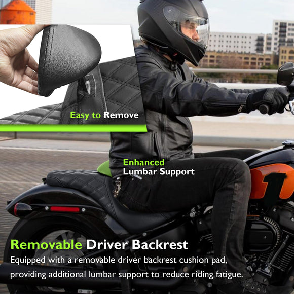 For 2018-2026 Harley Softail Street Bob/ Softail Heritage Classic Black Double Stitching One-Piece 2-Up Seat Driver Passenger Seat with Driver Backrest Cushion Pad