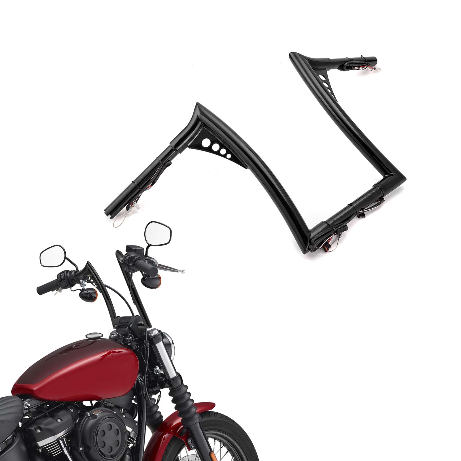 Gloss Black 12" Rise Pre-Wired Plug & Play APE Hanger Bar-Sharp Handlebar for 2011-2024 Harley Softails & 2015-Later Harley Touring Road King