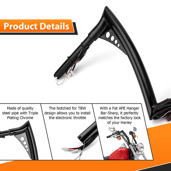 Gloss Black 12" Rise Pre - Wired Plug & Play APE Hanger Bar - Sharp Handlebar for 2011 - 2024 Harley Softails & 2015 - Later Harley Touring Road King - Mofun - 90101642
