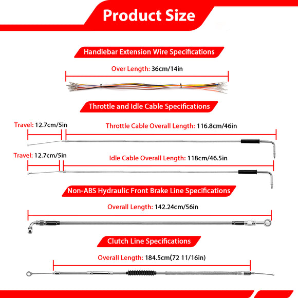 For 1993-2005 Harley Dyna Wide Glide FXDWG Non-ABS Models Extended Length Throttle and Idle Cable&Clutch Cable&Non-ABS Hydraulic Front Brake Line Kit (16"-18" Handlebar (Non-ABS))
