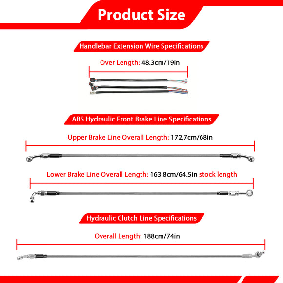 For 2014-2016 Harley Touring w/ABS Models Handlebar Extension Wire, Extended Length ABS Hydraulic Front Brake Line and Hydraulic Clutch Line Kit (for 12"-14" Handlebar (ABS))