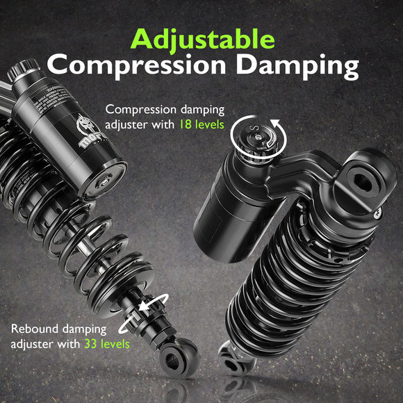 For 1991-2017 Harley Dyna & 1988-2022 Harley Sportster Models 12" Remote Reservoir Piggyback Rear Shocks