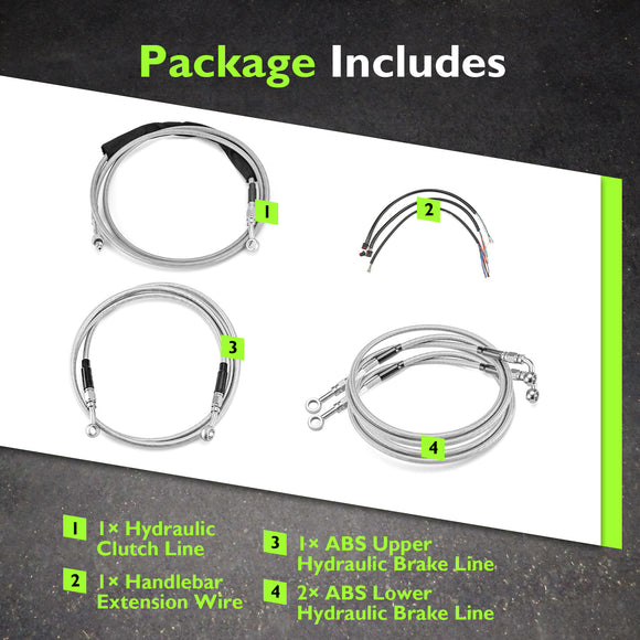 For 2014-2016 Harley Touring w/ABS Models Handlebar Extension Wire, Extended Length ABS Hydraulic Front Brake Line and Hydraulic Clutch Line Kit (for 16"-18" Handlebar (ABS))