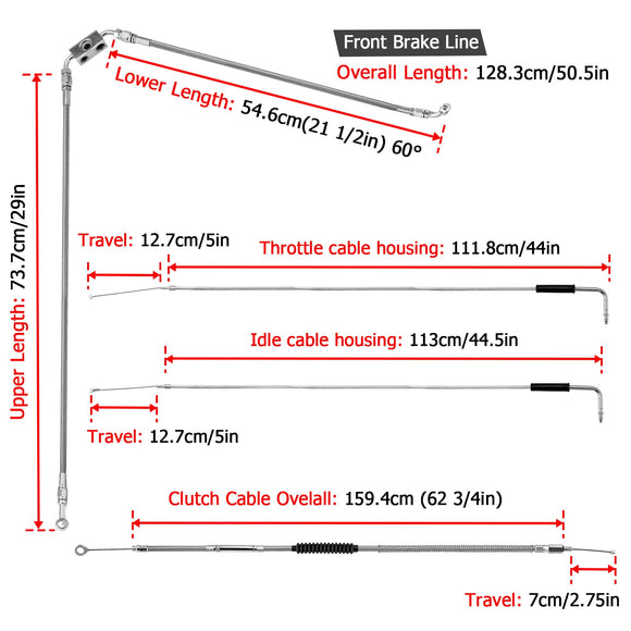Extended Front Upper ABS Brake Line, Throttle and Idle Cable, Clutch Cable Kit for 2012 - 2023 Harley Spostster XL883 XL1200 with ABS (for 16" - 18" Handlebar) - Mofun - 90109055