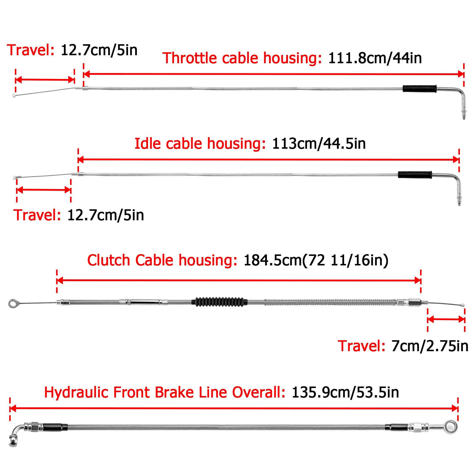 Chrome Non-ABS Hydraulic Front Brake Line, Clutch Cable, Throttle and Idle Cable Kit for 2001-2006 Harley Softail Classic/Night Train on 16"-18" Handlebar