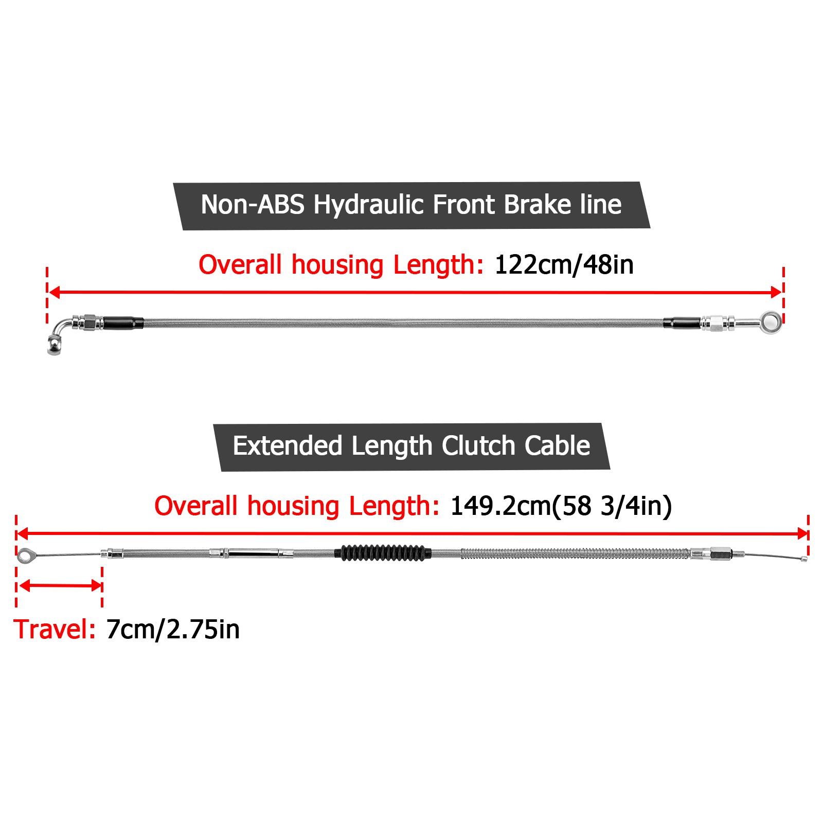 Extended Length Non-ABS Hydraulic Front Brake Line, Clutch Cable Kit for 1995-2003 Harley Sportster w/Non-ABS (for 12"-14" Handlebar)