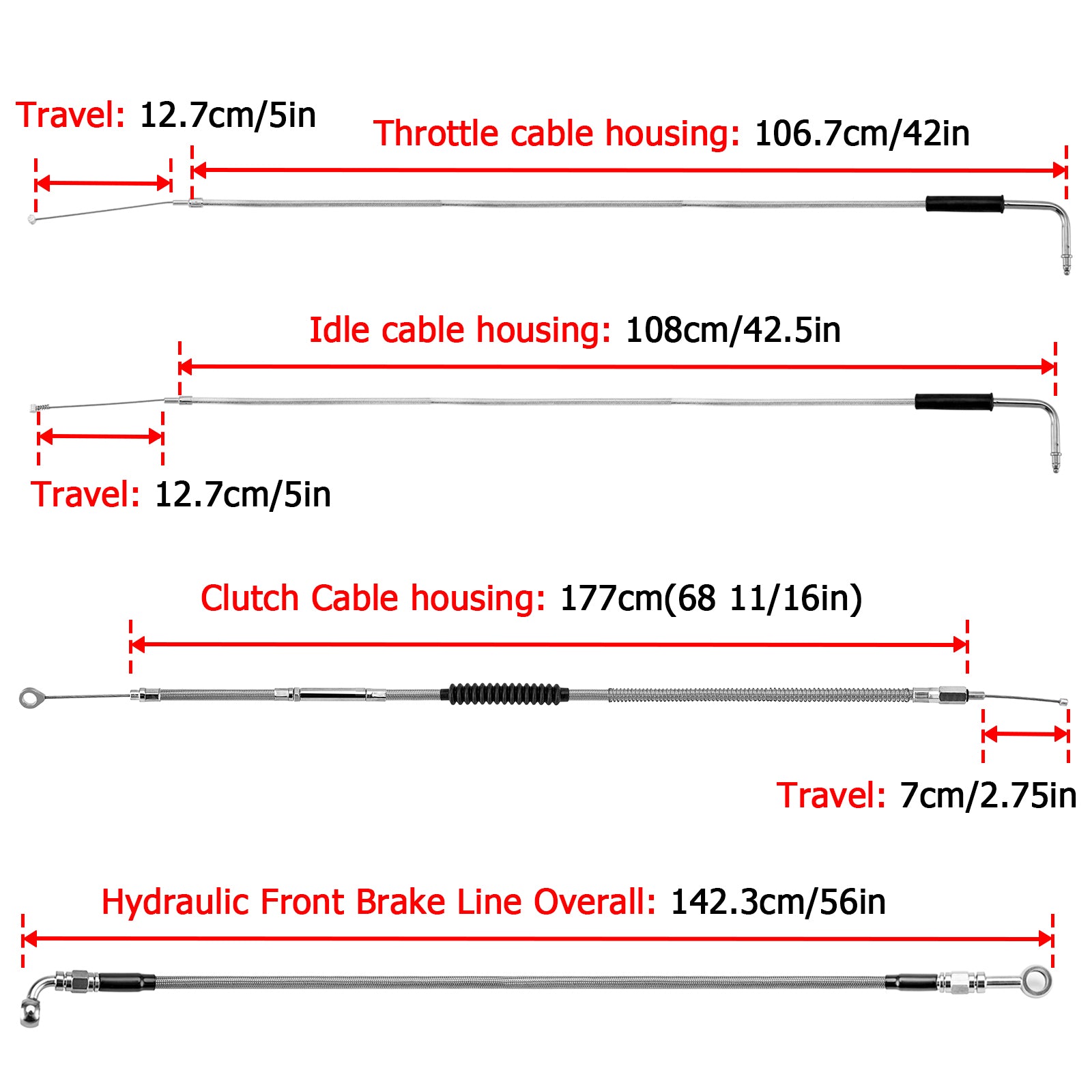 Extended Length Non-ABS Hydraulic Front Brake Line, Clutch Cable, Throttle and Idle Cable Kit for 1993-2005 Harley Dyna Wide Glide On 16"-18" Handlebar