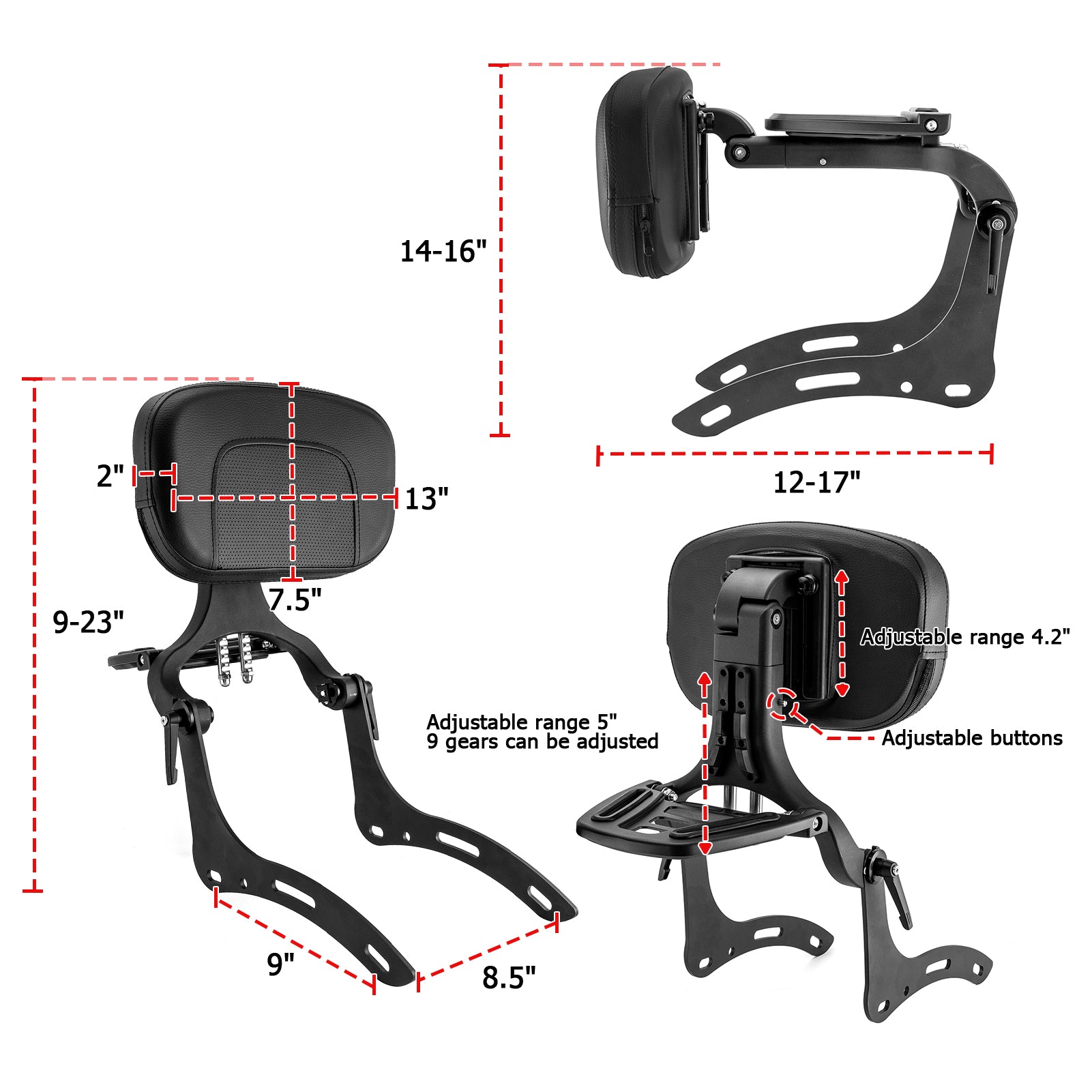 2017-2024 Honda Rebel 300 500 Matte Black Multi-function Foldable Adjustable Backrest