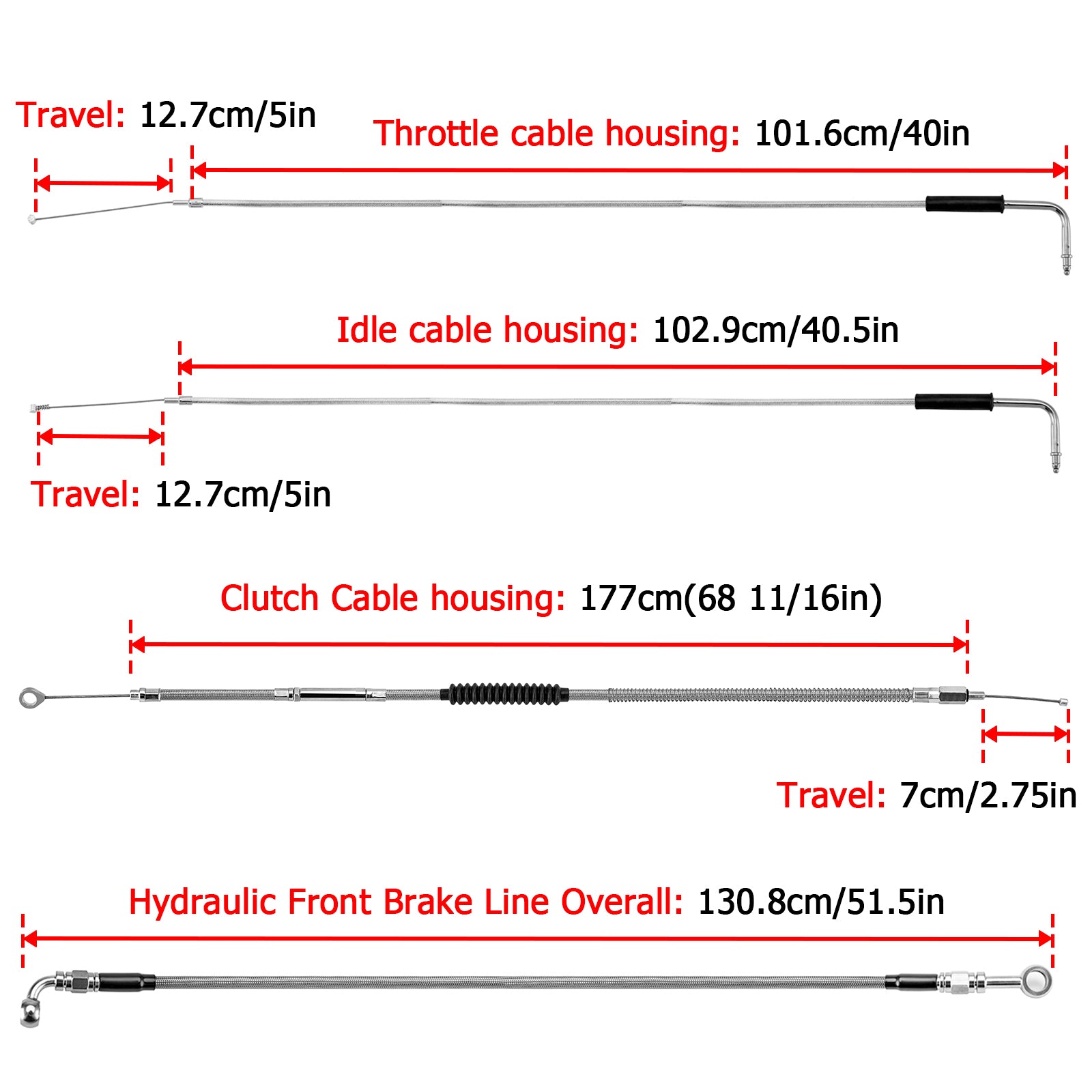 Chrome Non-ABS Hydraulic Front Brake Line, Clutch cable, Throttle and Idle Cable Kit for Harley Dyna Low Rider/Street Bob/Super Glide on 12"-14" Handlebar (Non-ABS)