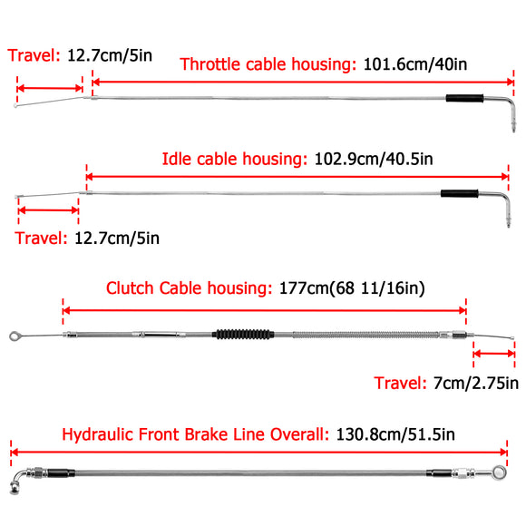 Chrome Non - ABS Hydraulic Front Brake Line, Clutch cable, Throttle and Idle Cable Kit for Harley Dyna Low Rider/Street Bob/Super Glide on 12" - 14" Handlebar (Non - ABS) - Mofun - 90109229
