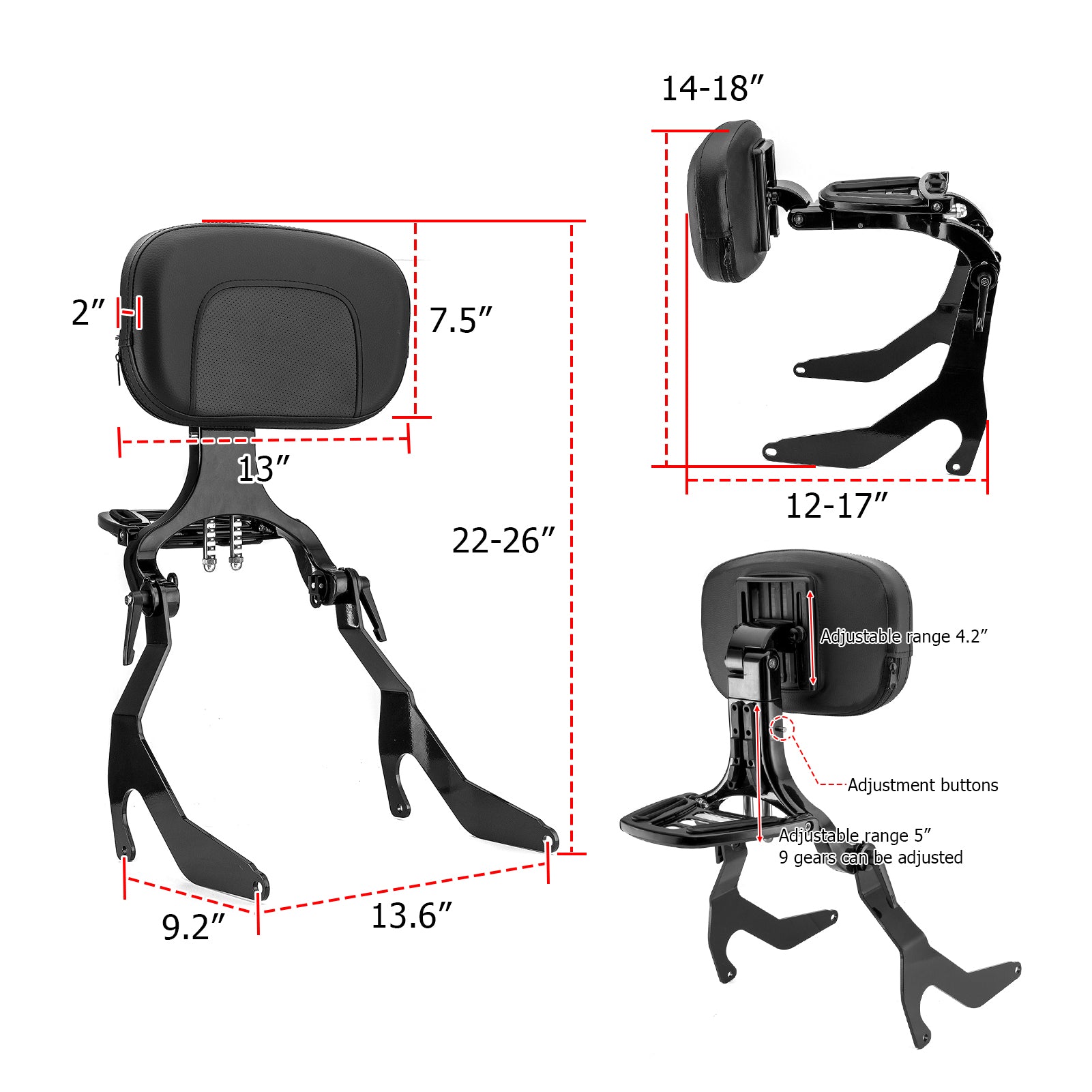 2022-2024 BMW R18 Bagger/ Roctane/ Transcontinental Gloss Black Multi-Purpose Adjustable Backrest