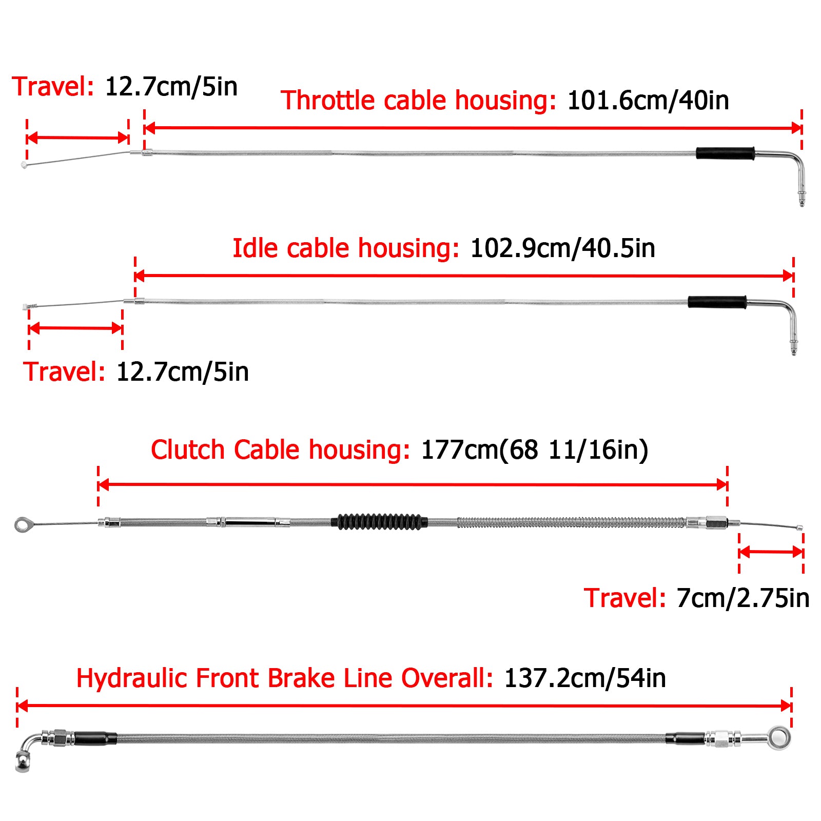 Extended Length Non-ABS Hydraulic Front Brake Line, Clutch Cable, Throttle and Idle Cable Kit for 1993-2005 Harley Dyna Wide Glide On 12"-14" Handlebar