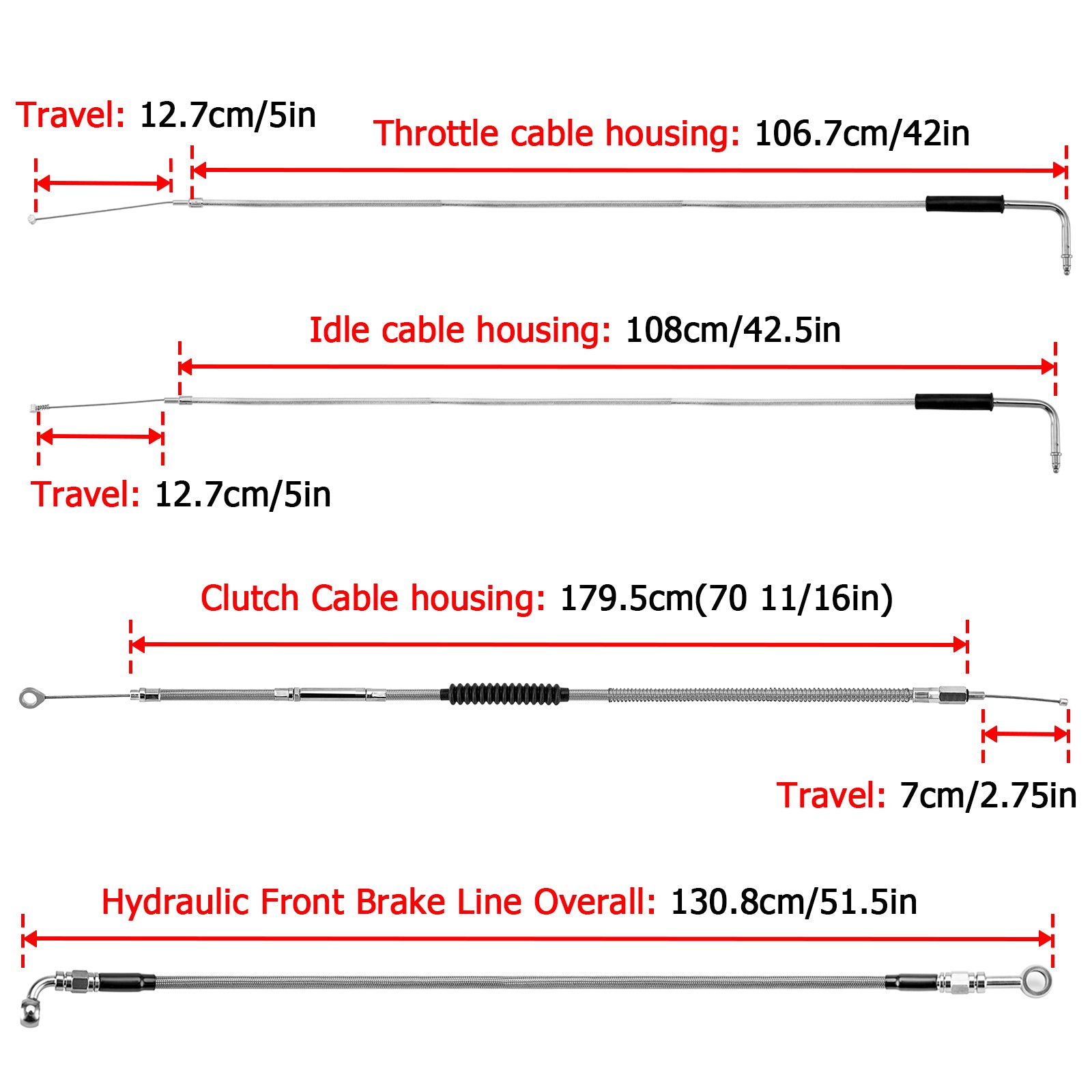 Extended Length Non-ABS Hydraulic Front Brake Line, Clutch Cable, Throttle and Idle Cable Kit for 2000-2006 Harley Softail Night Train/Softail Classic On 12"-14" Handlebar