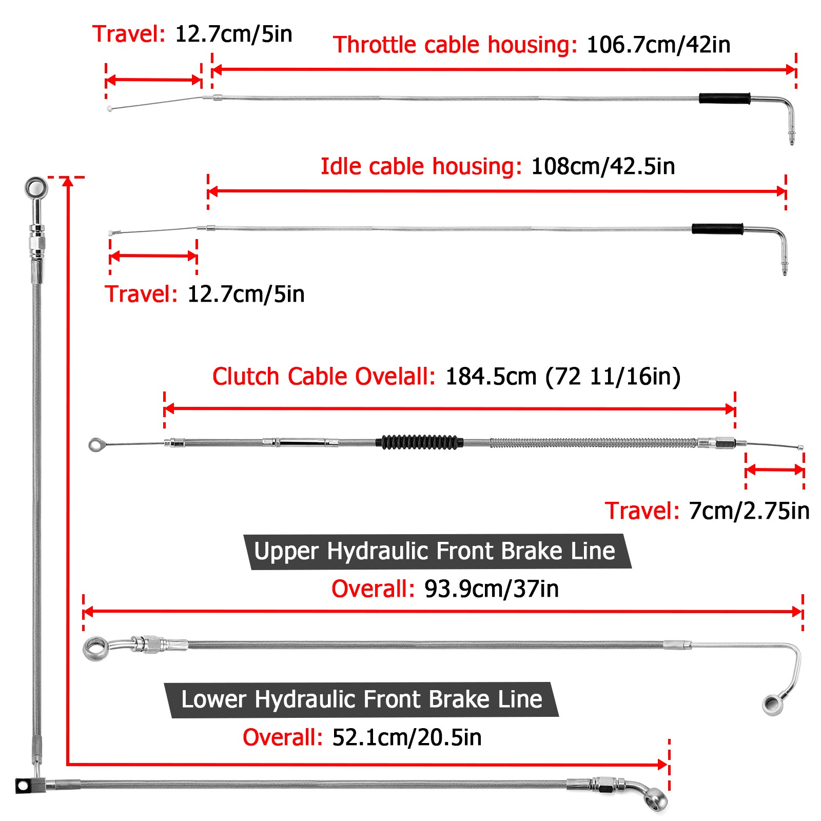 Extended Length Throttle and Idle Cable Kit, Extended Length ABS Upper and Lower Hydraulic Front Brake Line, Clutch Cable Kit for 2011-2014 Haley Softail w/ABS (for 14"-16" Handlebar)
