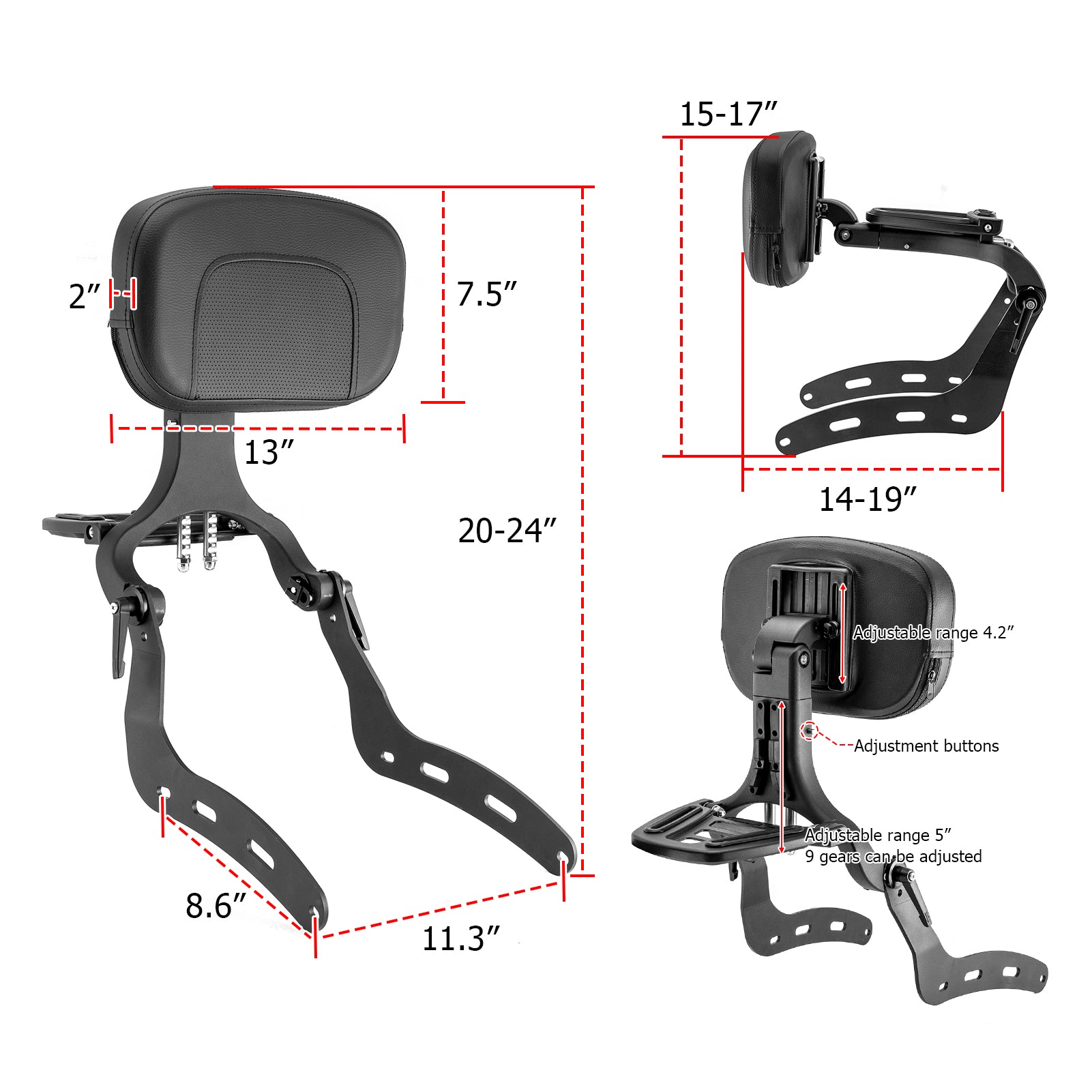 2022-2024 Indian Chief Matte Black Multi-Purpose Adjustable Foldable Backrest Sissy Bar